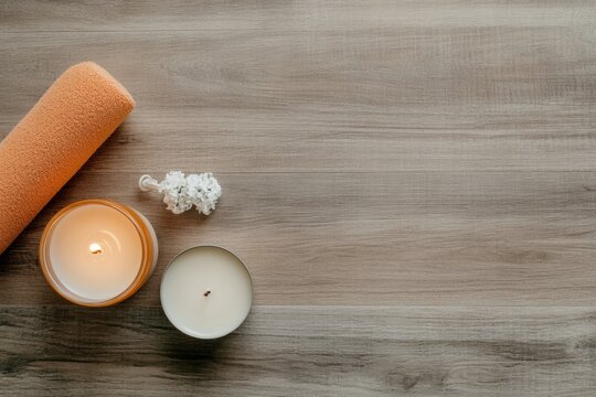 Serene Fitness Recovery Massage Roller and Scented Candle Setup for National Fitness Recovery Day - Modern Wellness and Spring Self-Care Rituals for Health Enthusiasts