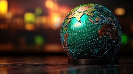 A beautifully illuminated globe showcasing continents and oceans, set against a blurred city background