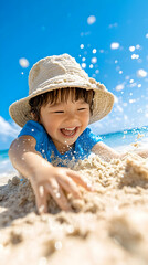 Happy toddler playing in beach sand, ocean waves splashing, sunny day, summer fun