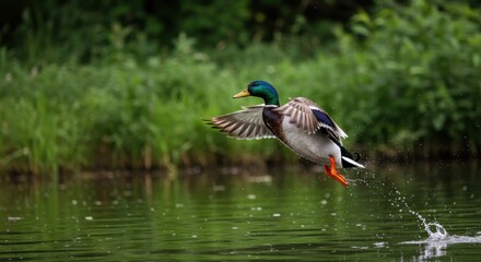 Mallard Duck Taking Flight Over Water with Green Foliage Backdrop