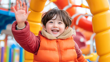 Happy toddler waves at playground, winter day