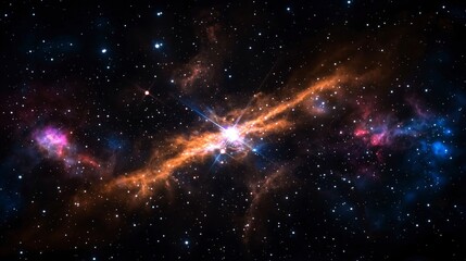 Stunning cosmic scene featuring vibrant nebulae and stars in a dark galaxy.