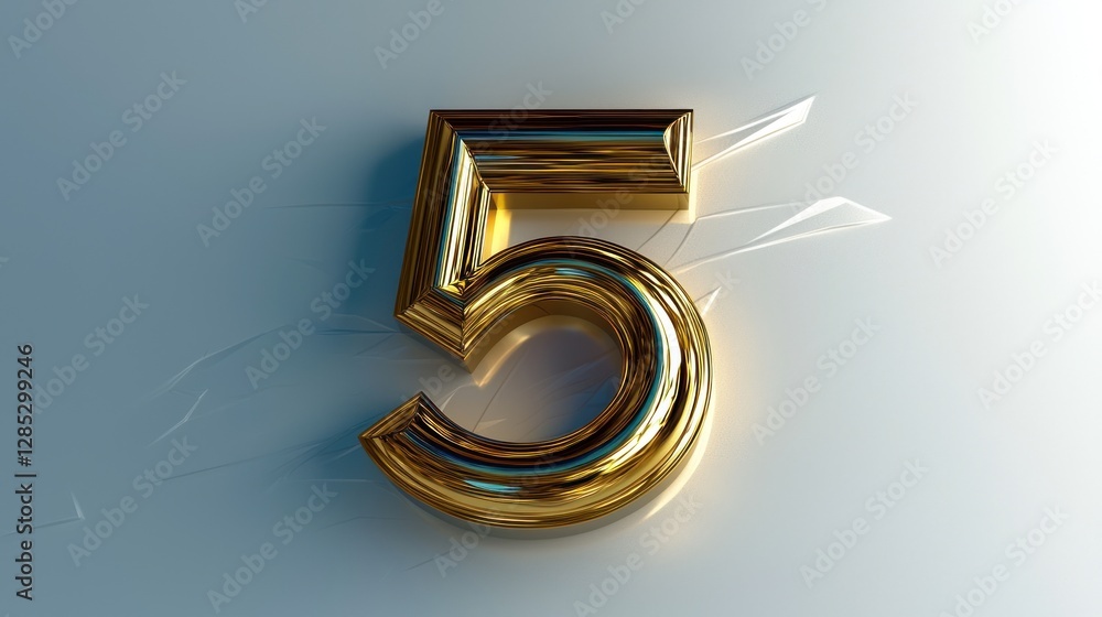 Poster shiny golden number 5 with a reflective surface and subtle light effects on a soft backdrop