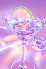 Icy cocktail, lime garnish, purple background, drinks menu