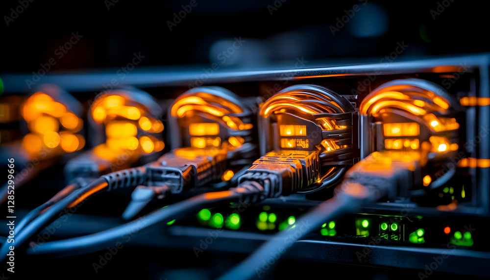 Poster illuminated server cables connect to data center hardware