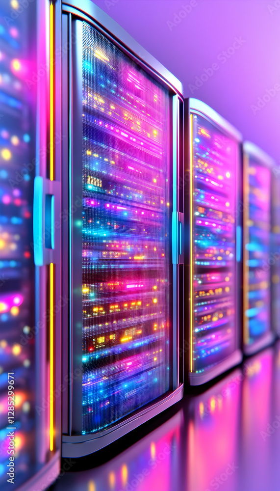 Poster illuminated servers in data center; background blur