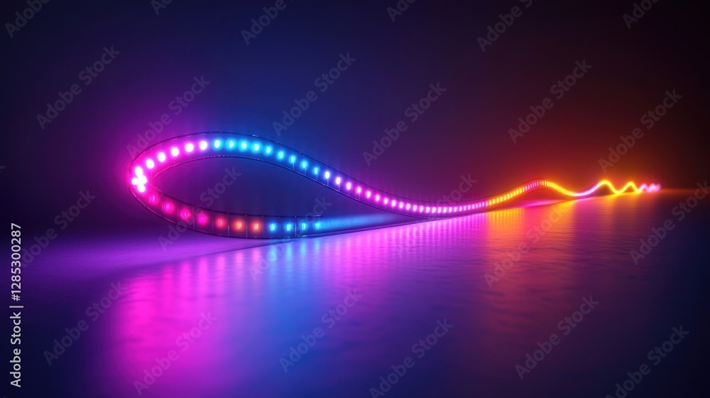 Poster colorful led light strip creating a vibrant wave pattern on a reflective surface at night