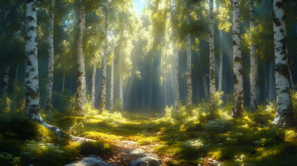 Fototapeta premium Sunlight Illuminating Birch Forest Path