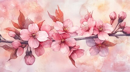 A serene watercolor illustration of cherry blossoms on a branch against a soft background.