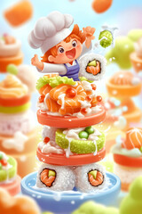 Obraz premium Joyful chef making sushi tower; colorful background