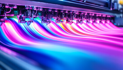 Large format printer, vibrant colors, printing process, industrial background, graphic design