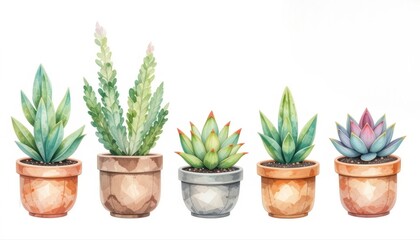 Fototapeta premium Colorful Watercolor Illustrations of Various Indoor Plants in Planters Isolated on White Background for Decoration