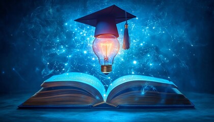 An open book with a glowing light bulb and a graduation cap on top