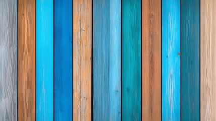 Vibrant wood planks in shades of blue, turquoise, and brown create weathered backdrop