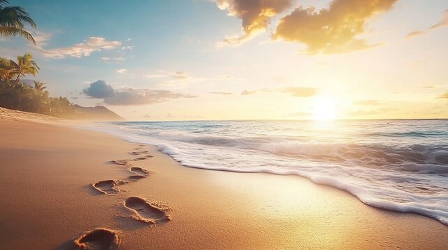 Golden hour beach tranquility, footprints in the sand, gentle waves, serene atmosphere, evoking memories and calm reflection