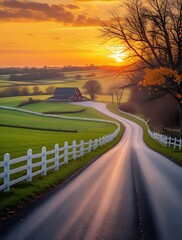 Fototapeta premium A picturesque countryside road winding through lush green fields at sunset, with warm golden light reflecting on the path, creating a peaceful and scenic rural landscape full of serenity