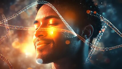 A serene man surrounded by glowing DNA strands and vibrant lights, symbolizing creativity and innovation - Powered by Adobe