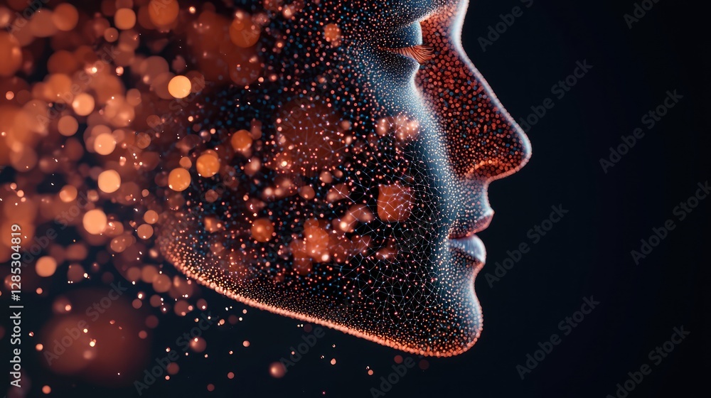 Canvas Prints abstract representation of a human face composed of glowing particles against a dark background