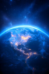 Night view of North America from space, city lights glowing, dark background; for travel or environmental use