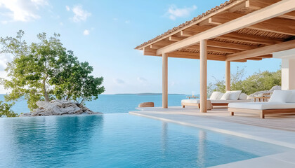Fototapeta premium Oceanfront villa infinity pool, tropical island sunrise