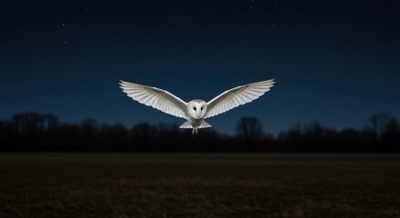 Barn Owl Flying at Night with Stars and Dark Field Landscape