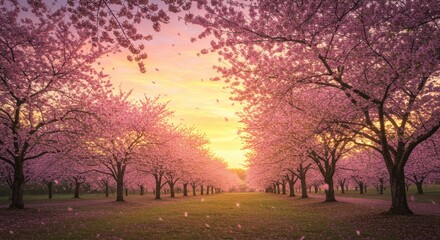 Blooming Cherry Trees Tunnel with Petals Falling in a Golden Sunset