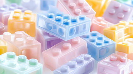 Naklejka premium Pastel plastic blocks, close-up, studio shot, toy background