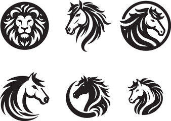 Obraz premium Stylish Black and White Horse and Lion Logos