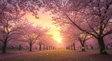 Blossom Trees in Full Bloom at Sunset with Petals Falling