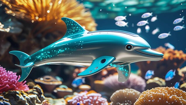 A futuristic, metallic dolphin with glowing blue accents swims gracefully through a vibrant coral reef, surrounded by small, darting fish. - Powered by Adobe
