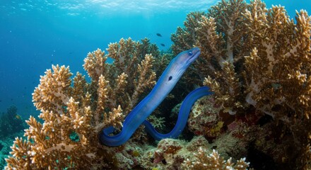 Blue Ribbon Eel Swimming Near Coral Reefs in Tropical Ocean