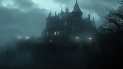 Gloomy Gothic Mansion at Dusk Surrounded by Fog and Darkness