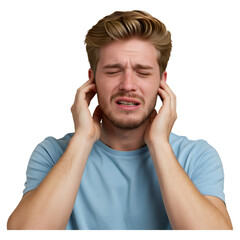 Fototapeta premium Young Man Weeping, Hands Over Ears
