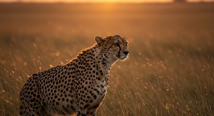 Cheetah Standing Tall at Sunset in the African Savannah Grassland