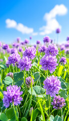 Obraz premium Purple clover field, sunny day, nature background, spring