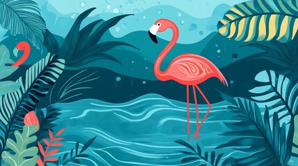 Illustration of two pink flamingos in a tropical jungle environment with blue water