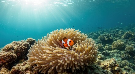 Clownfish Swimming in Anemone Underwater with Sun Rays in Tropical Ocean