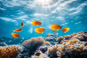 Obraz premium Tropical fish swimming over coral reef in sunlit ocean