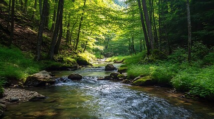 Serene Flowing Stream Surrounded by Lush Green Trees in Nature's Tranquil Setting : Generative AI