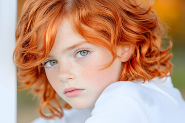 Naklejka premium Redhead girl portrait, autumn park, serious gaze, outdoor photoshoot