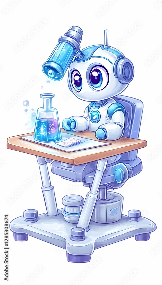 Poster robot scientist conducts experiment at desk