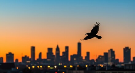 Crow Flying Over City Skyline at Sunset with Orange and Blue Sky
