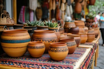 Vendor selling handcrafted decorated pottery at a local market