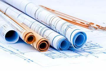 Fototapeta premium Rolled blueprints on desk, architectural plans, design process, office background, construction project