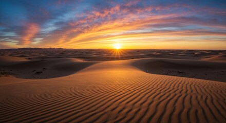 Desert Dunes Landscape at Sunset with Dramatic Sky and Golden Light