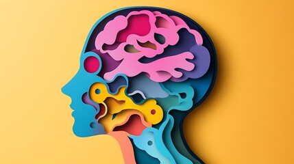 Obraz premium Colorful Profile Silhouette with Abstract Brain Shapes in Vibrant Layered Paper Art Style