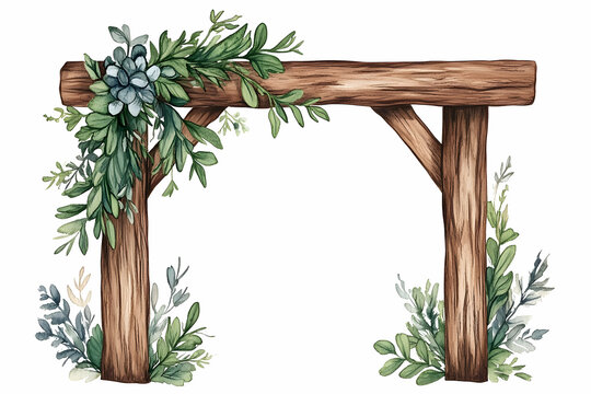 watercolor wooden arch with greenery and flowers clip art preview