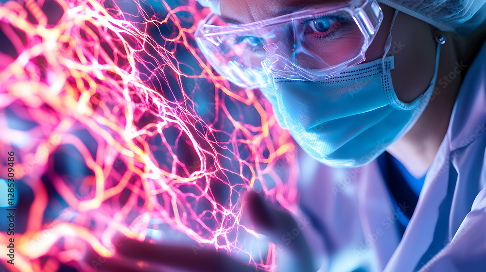 Poster scientist studies neural network; lab background