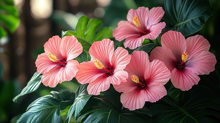 A lush bouquet of tropical hibiscus flowers adorned with large monstera leaves
