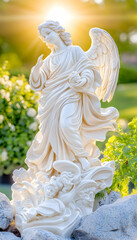Obraz premium Serene angel statue in garden, sunlit, peaceful background, ideal for faith-themed designs